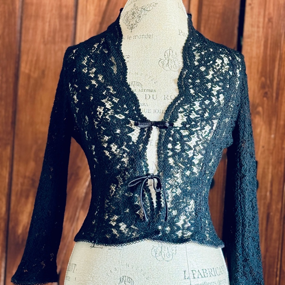 Zara Black Lace Ties Sheer Cardigan Women’s Large - Picture 1 of 4